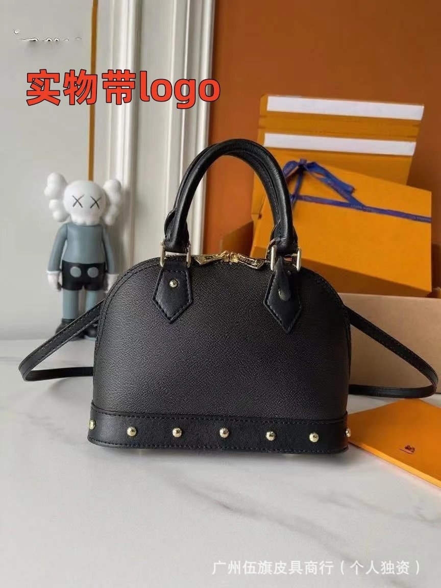Leather Dome-Shaped Handbag Black Beige Classic Tote Bag