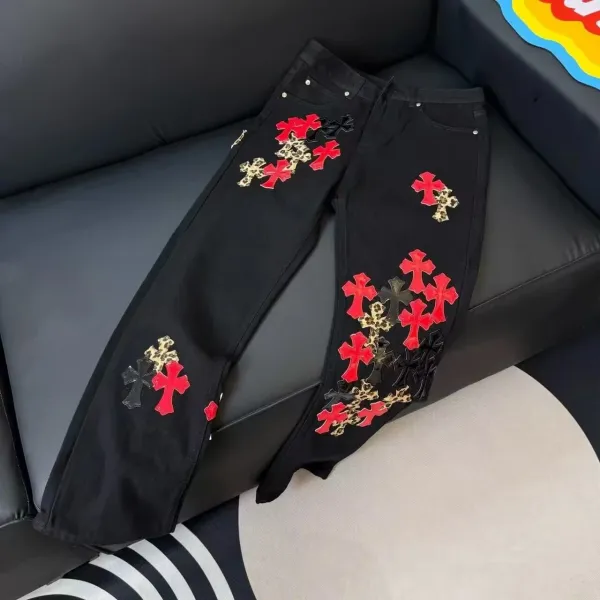 Chrome Hearts x Leopard Print Cross Embroidered Black Jeans - 1