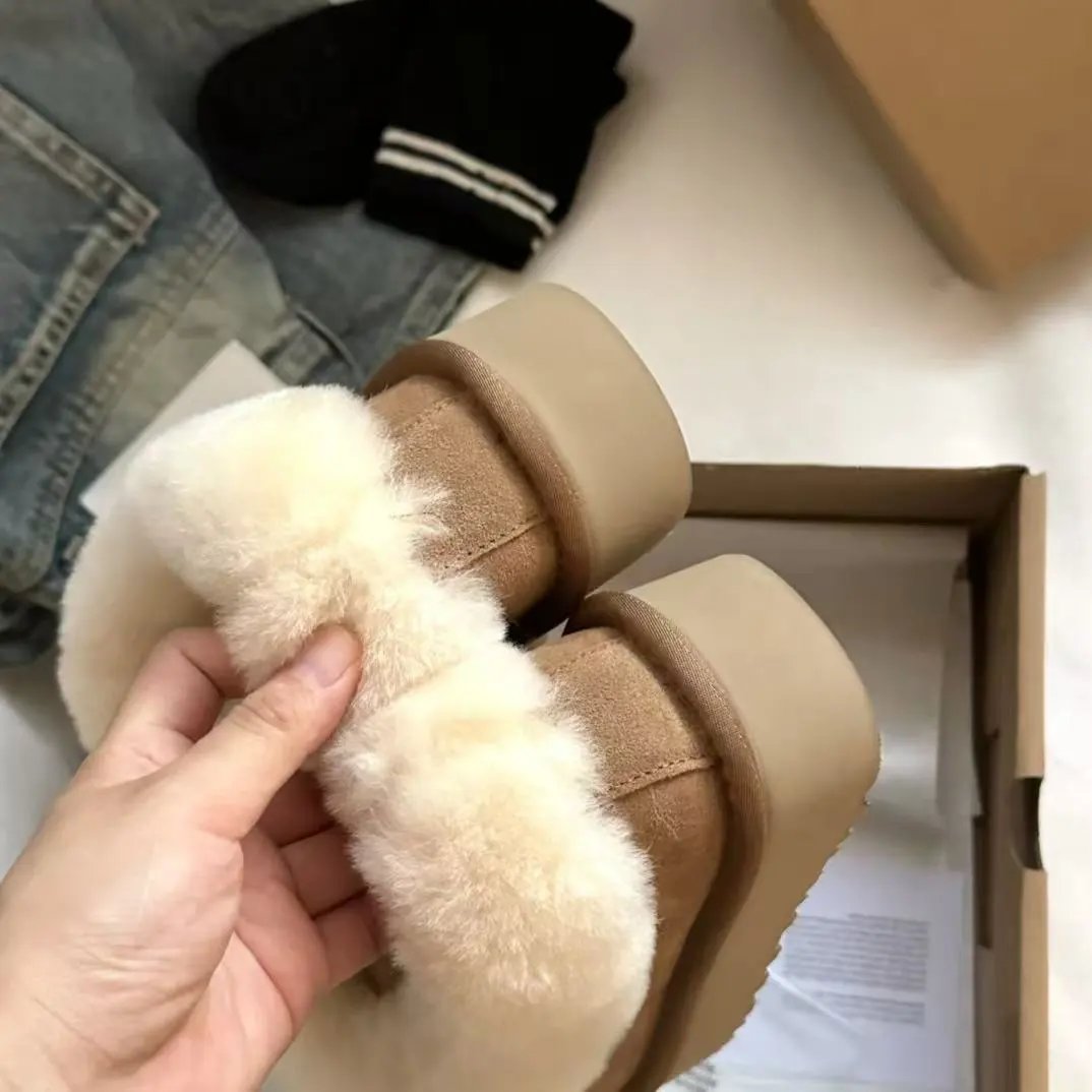 Faux Shearling Platform Boots Beige Chunky Sole