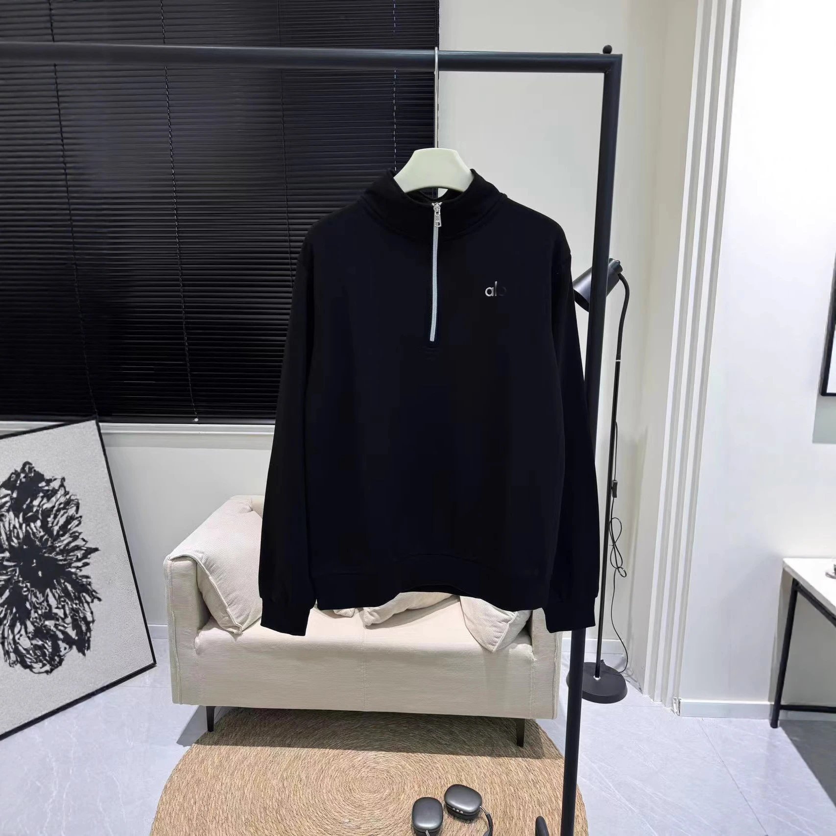 Alphabet Logo Half-Zip Pullover Navy Gray Black Casual Sweatshirt