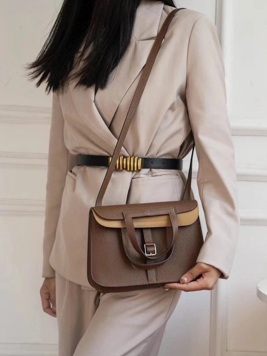 Structured Leather Crossbody Bag Light Gray Minimalist Handbag
