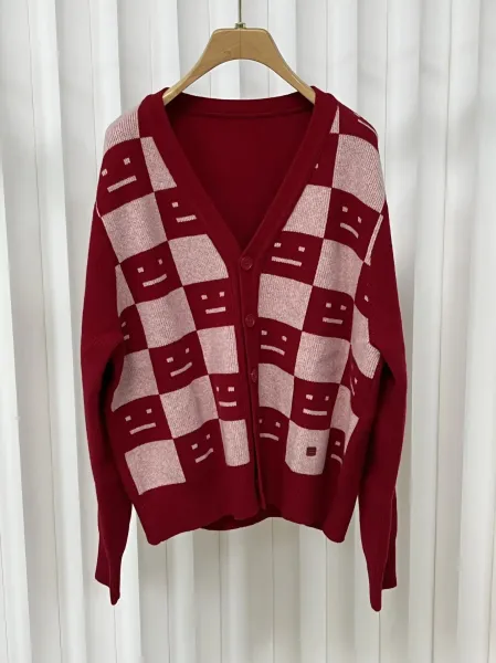 Smiley Face Checkerboard Knit Cardigan Yellow - 4