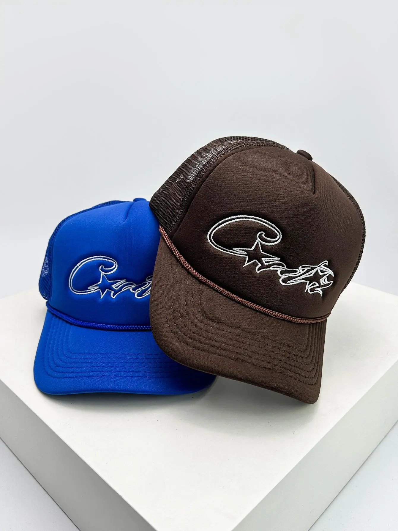 Trucker Cap Brown Blue Gray Embroidered Script Mesh Back