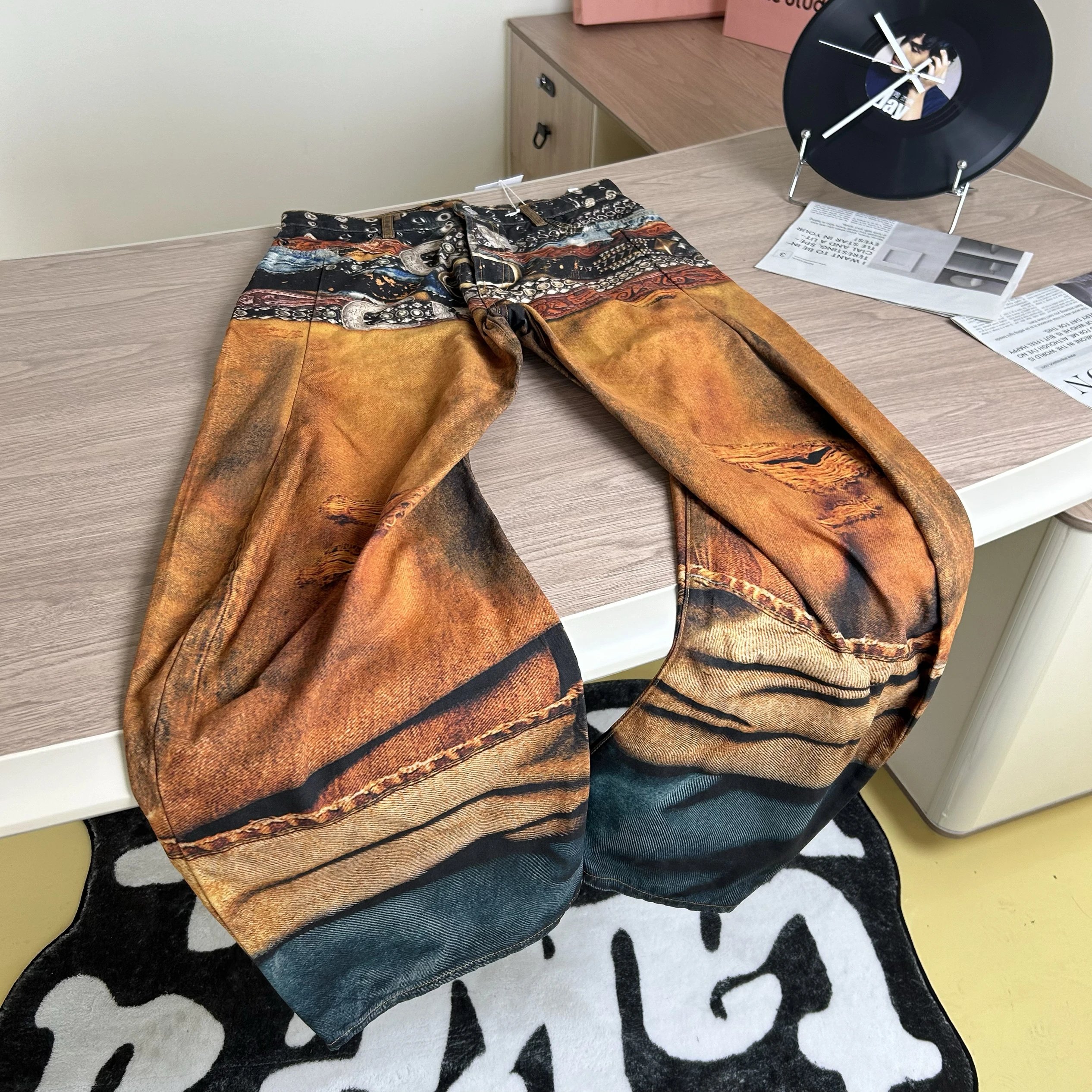 Patchwork Denim Pants Tan Distressed Western Style