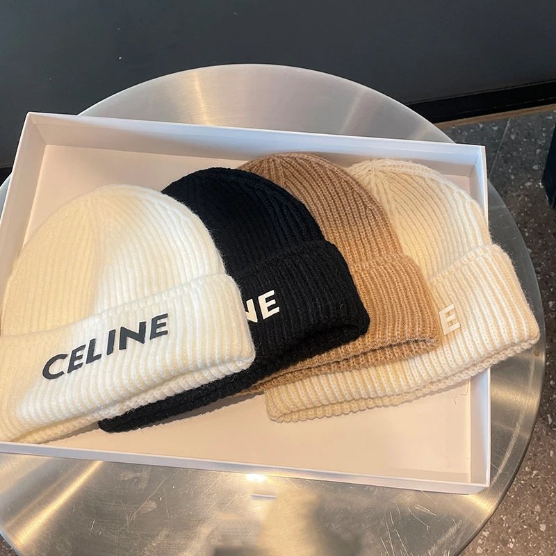 Celine Knit Beanie Black White Beige Logo Embroidered Winter Hat