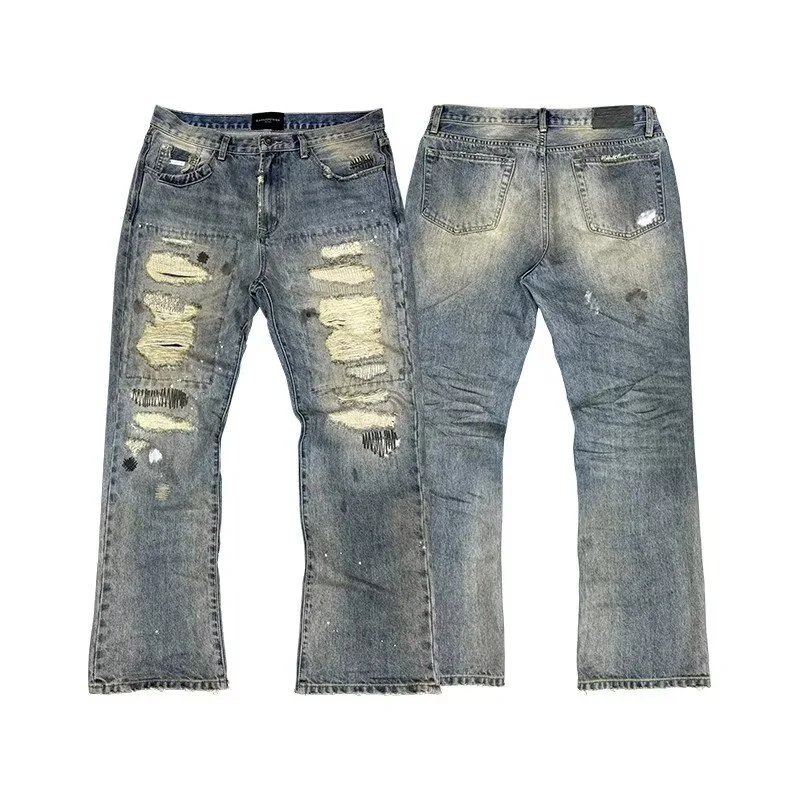 Distressed Denim Jeans Light Blue Ripped Flare Style