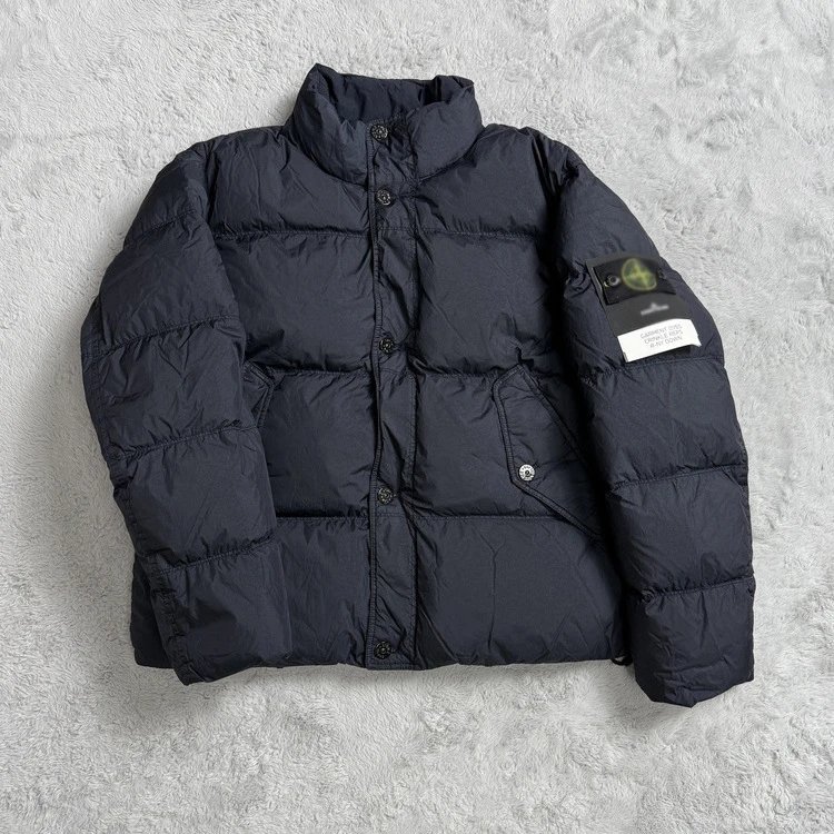 Stone Island Puffer Jacket Light Gray and Navy Blue Quilted Winter Coat