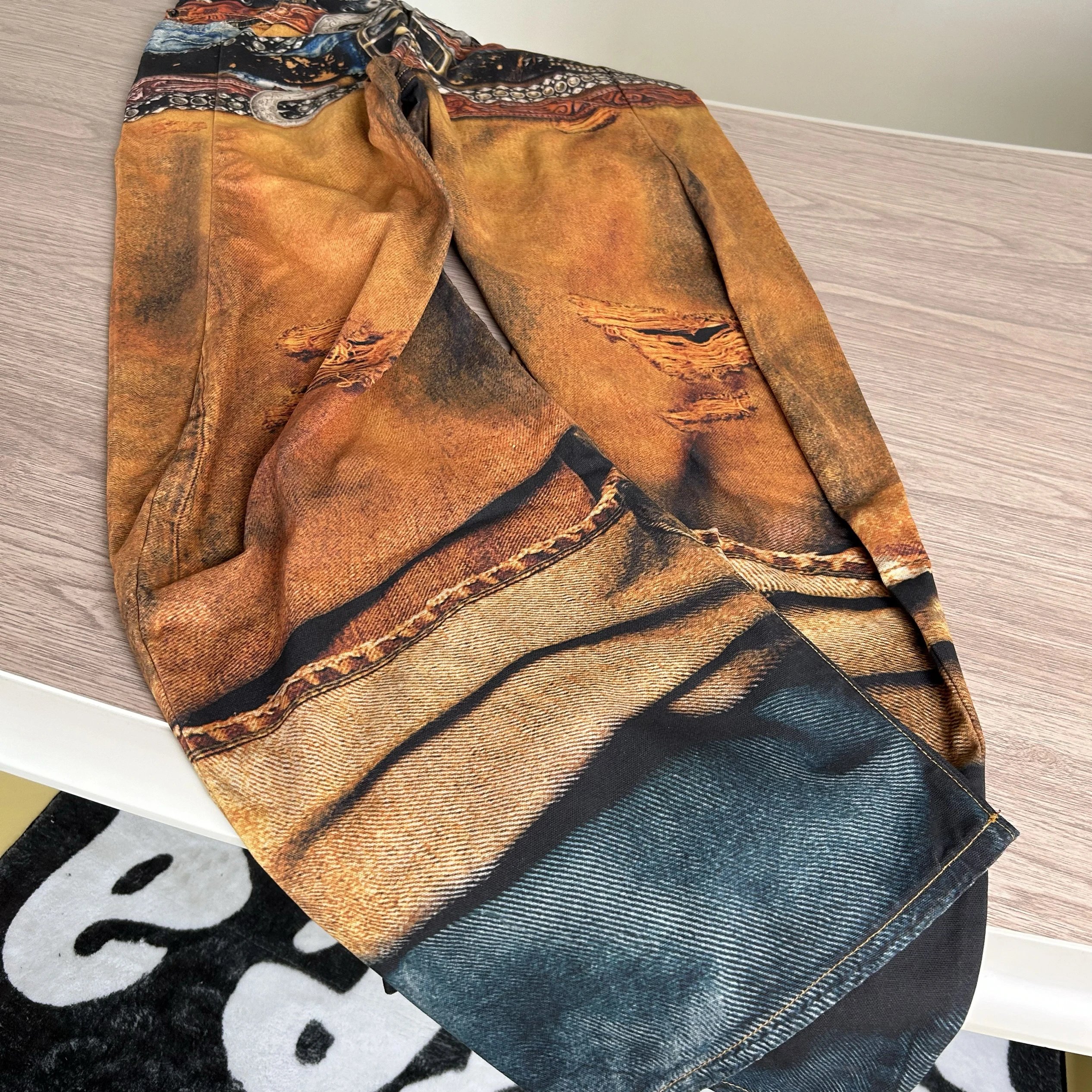 Patchwork Denim Pants Tan Distressed Western Style