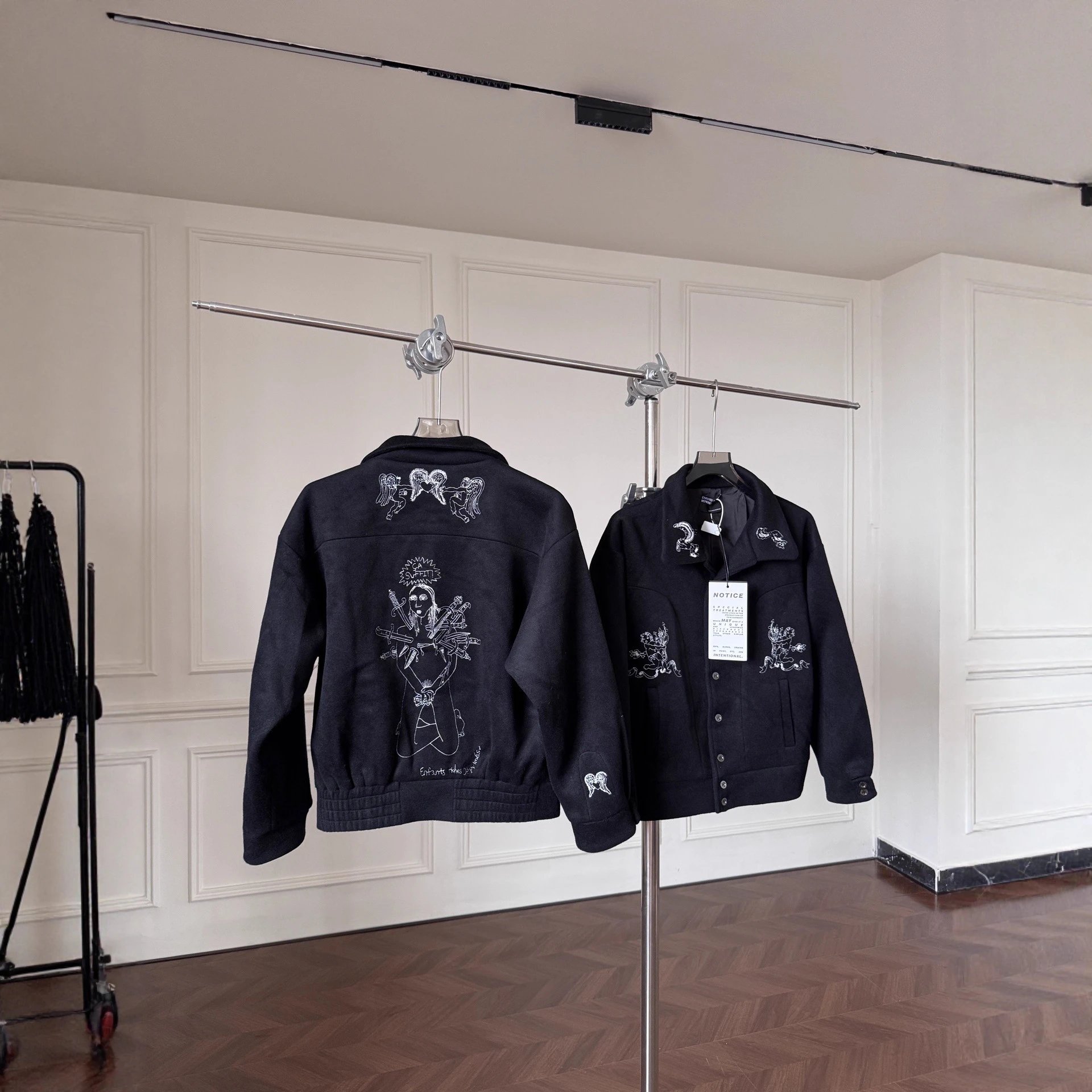 Notice Embroidered Black Graphic Bomber Jacket