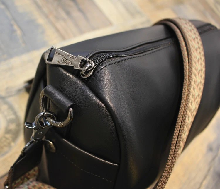 Black Leather Crossbody Bag With Woven Strap Boho Style