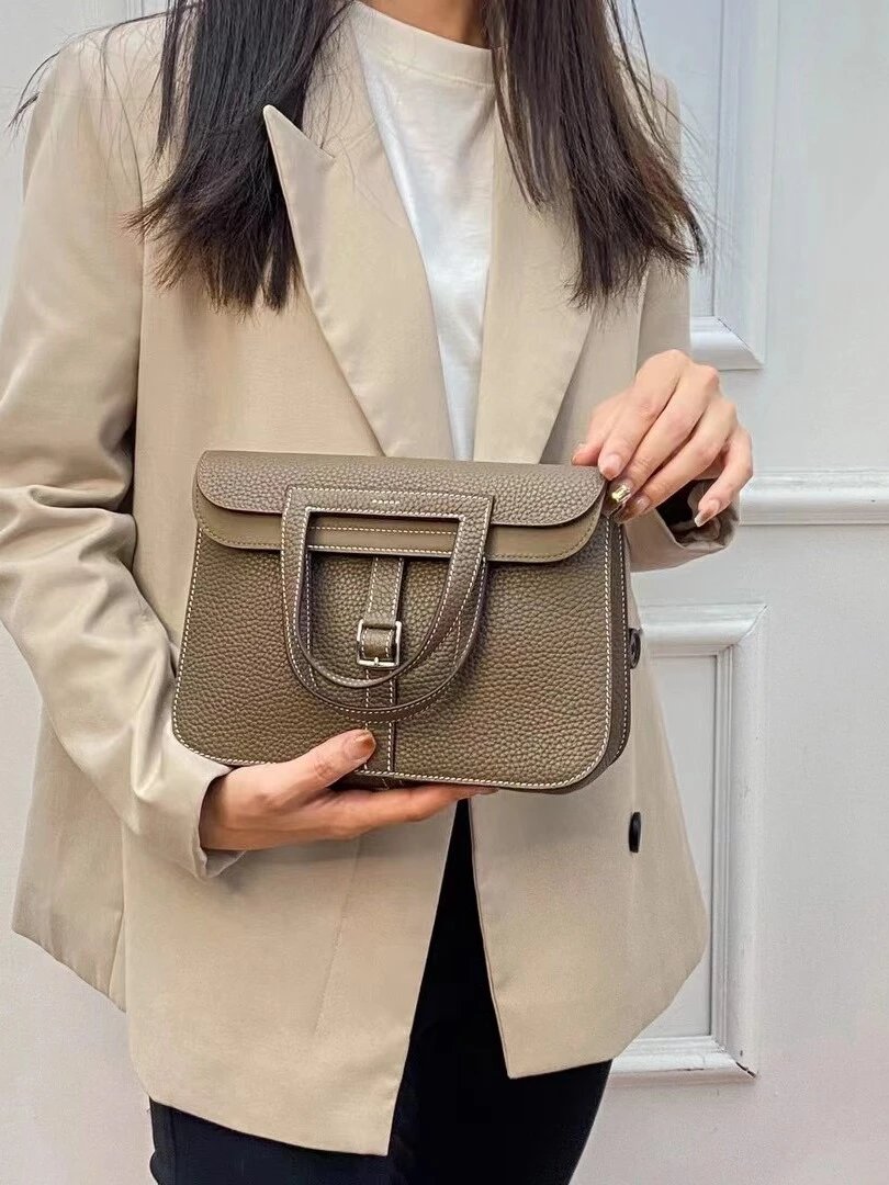 Structured Leather Crossbody Bag Light Gray Minimalist Handbag