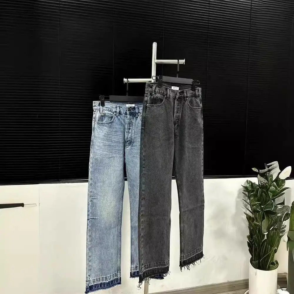 Light Wash Denim Straight Cut Frayed Hem Jeans