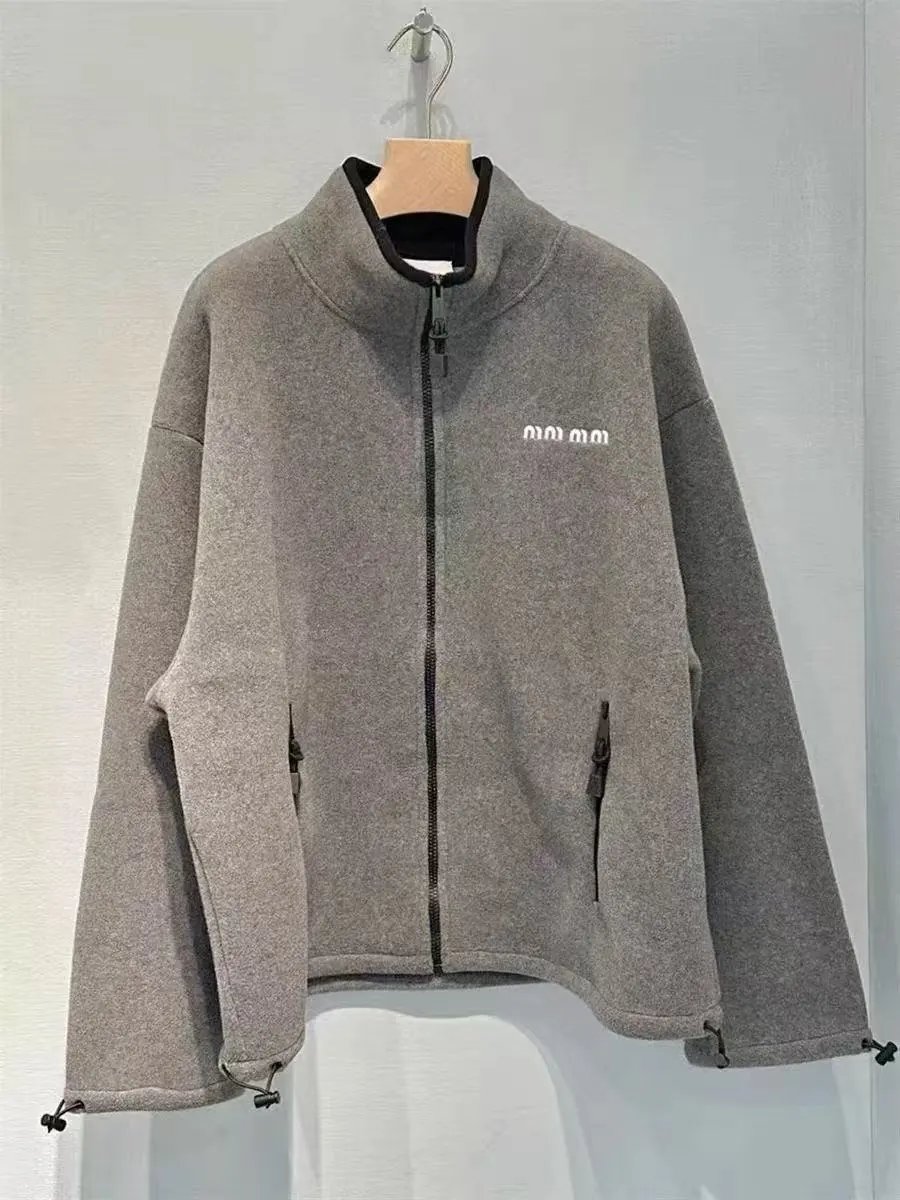 Miu Miu Logo Print Stand Collar Fleece Zip Jacket