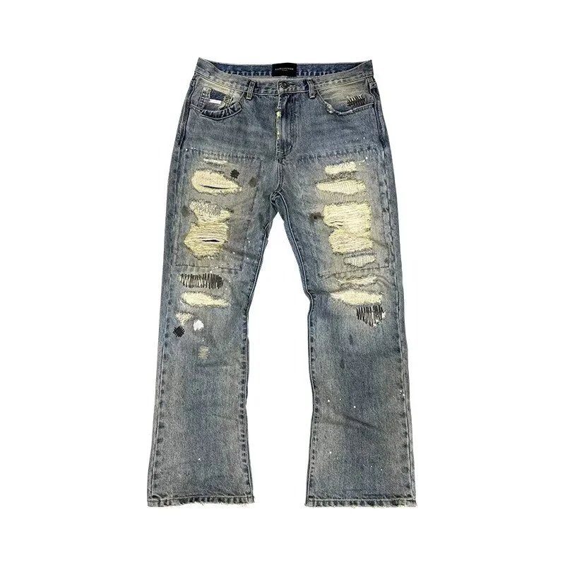 Distressed Denim Jeans Light Blue Ripped Flare Style
