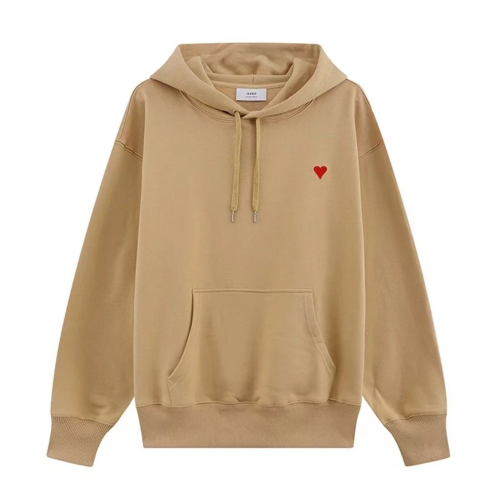 Ami Paris Heart Embroidered Hoodie Beige - 3