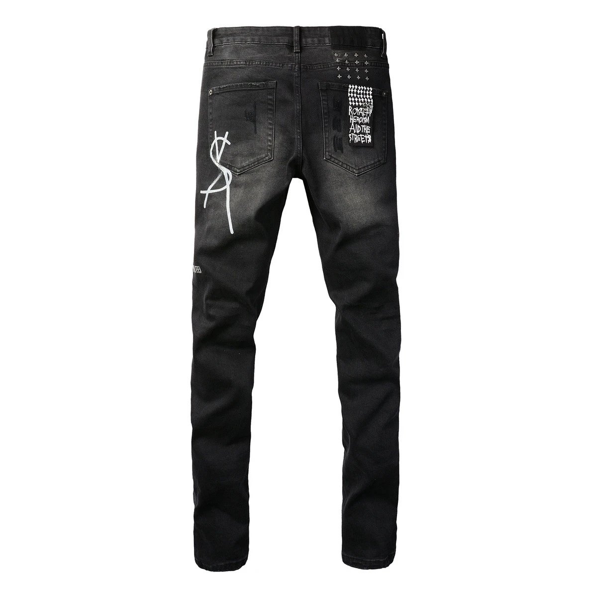 Black Distressed Denim Jeans With Cross Print And Graffiti Style
