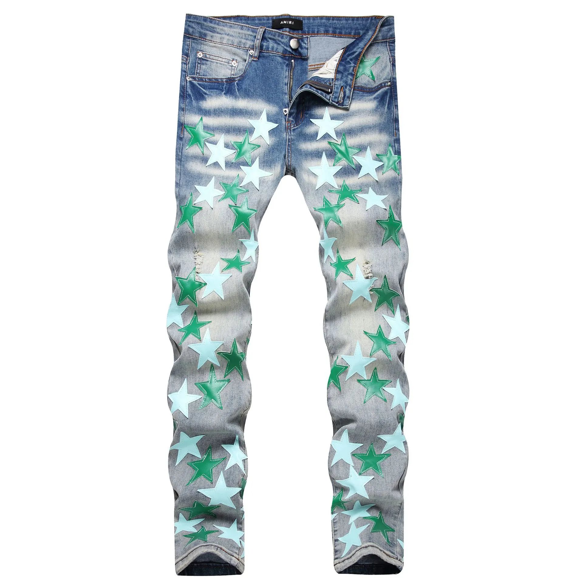 Denim Jeans Blue Orange Star Embroidered Distressed Slim Fit
