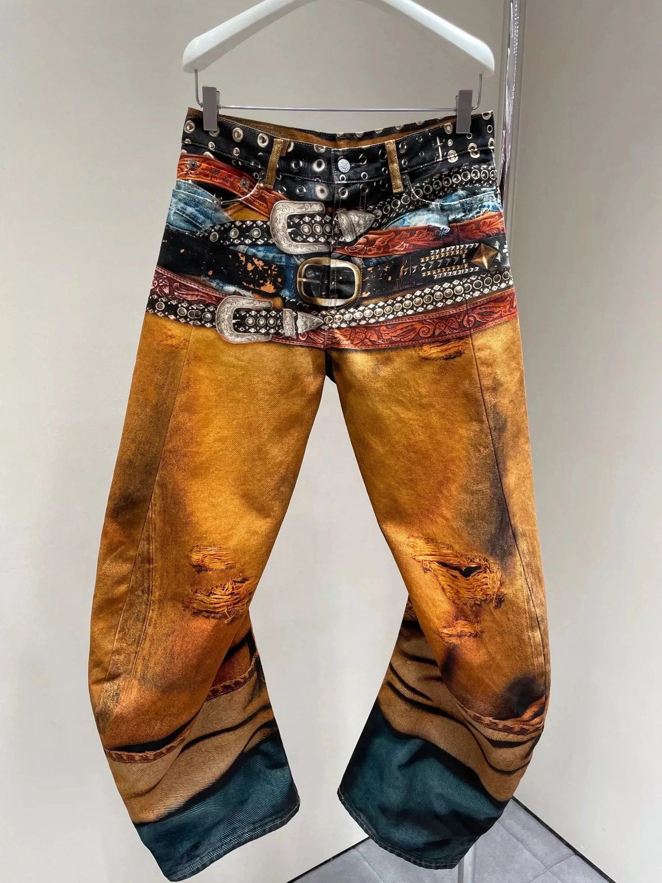 Patchwork Denim Pants Tan Distressed Western Style