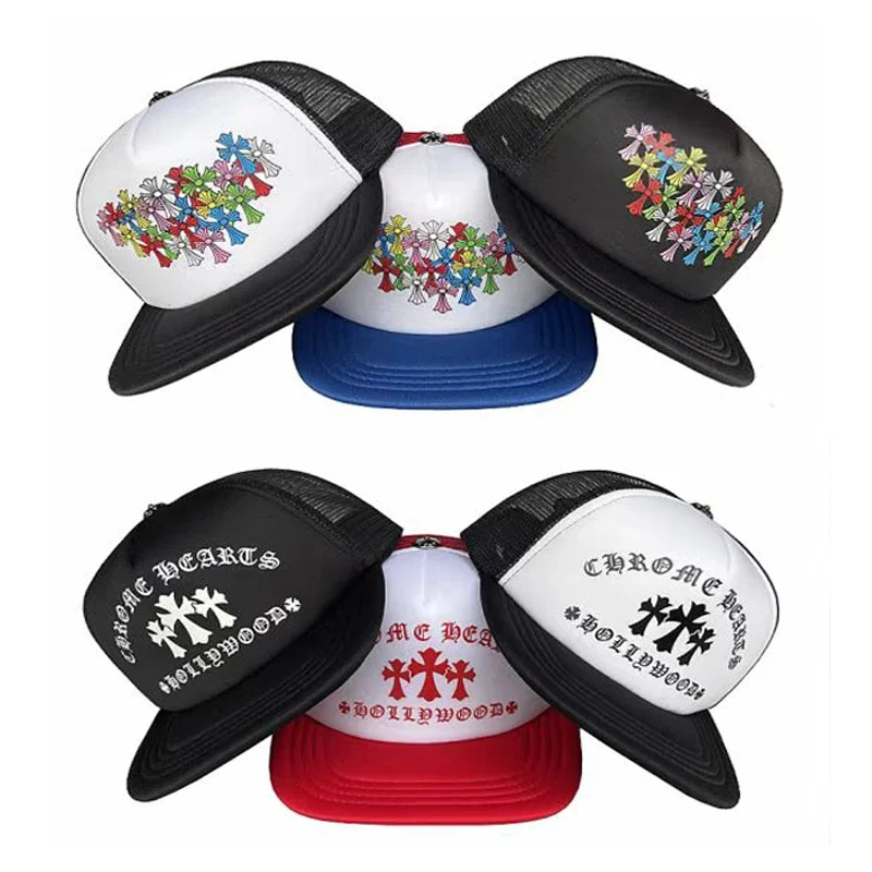Chrome Hearts Trucker Hats in Black and White with Colorful Crosses and Hollywood Text