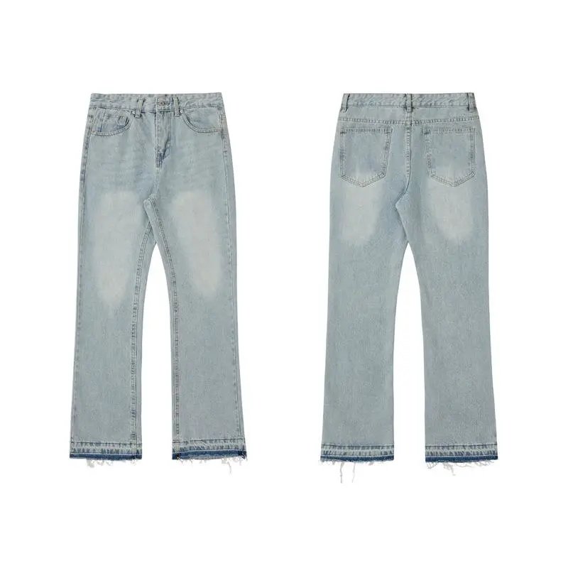 Light Wash Denim Straight Cut Frayed Hem Jeans