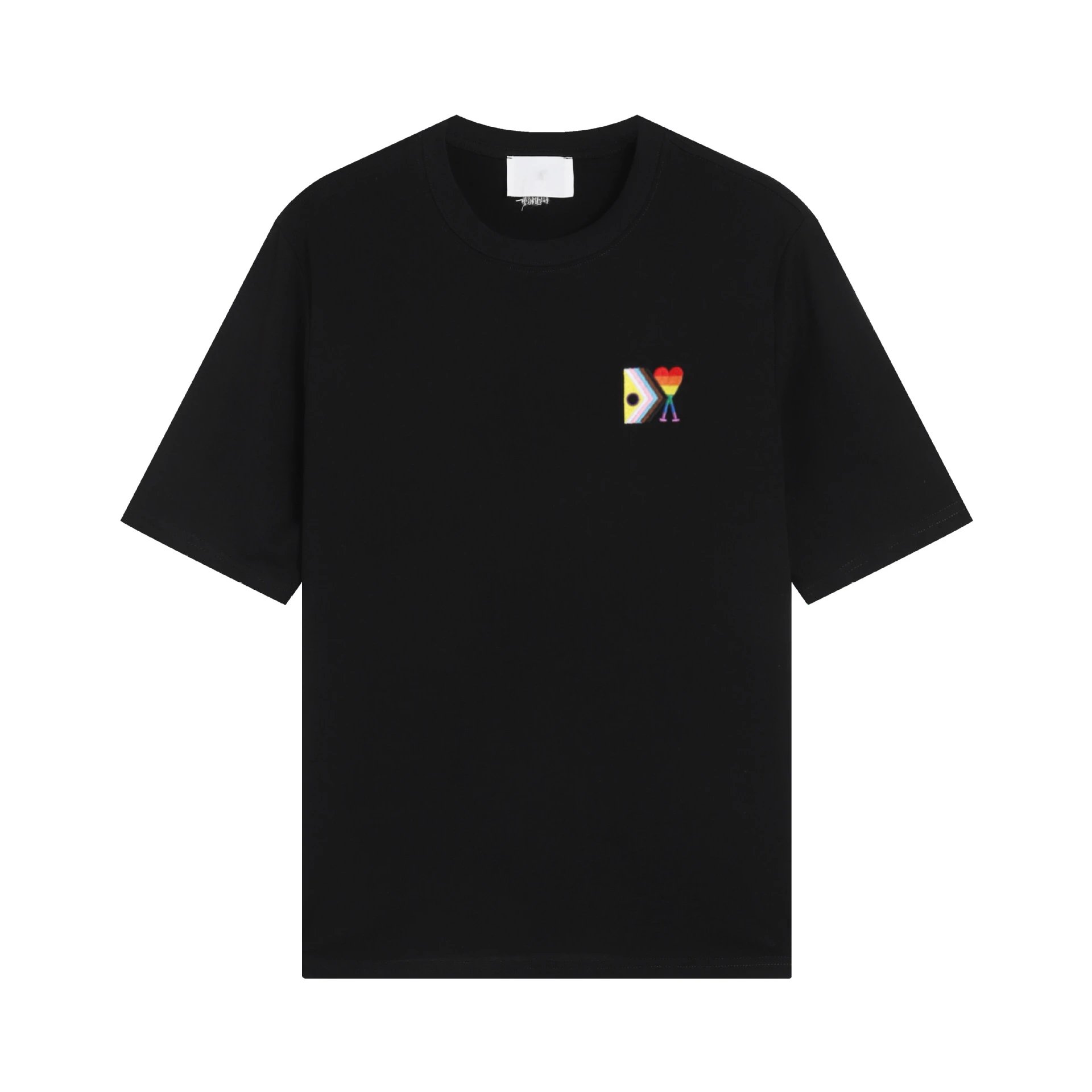 Cotton T-Shirt White Rainbow Heart Embroidery Graphic Tee