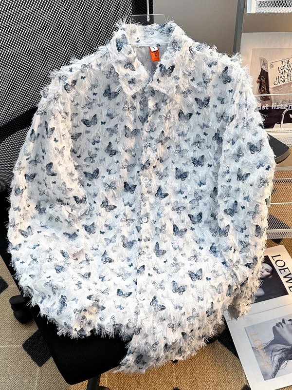 Feathered Butterfly Print White Bohemian Blouse
