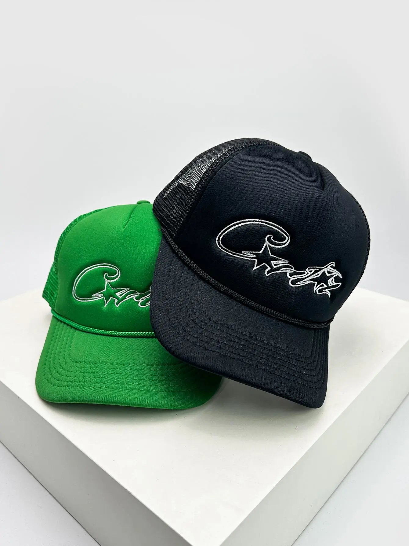 Trucker Cap Brown Blue Gray Embroidered Script Mesh Back
