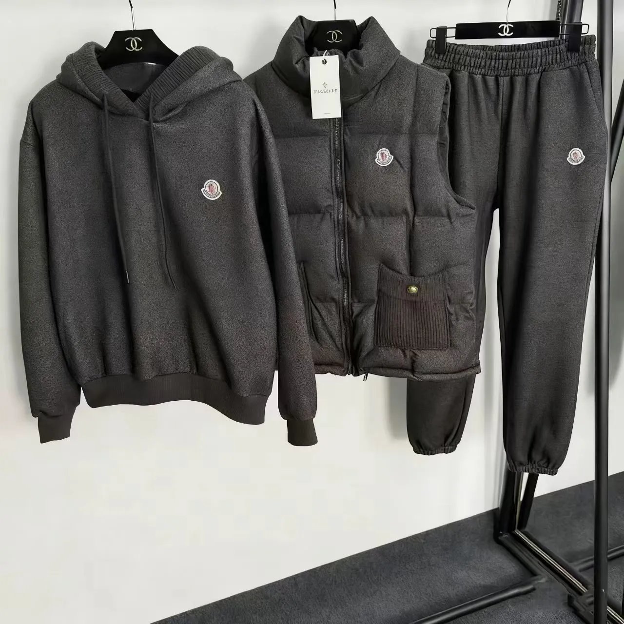 Miu Matching Sets Three-piece puffer vest, hoodie and trousers set — Three-piece set-27