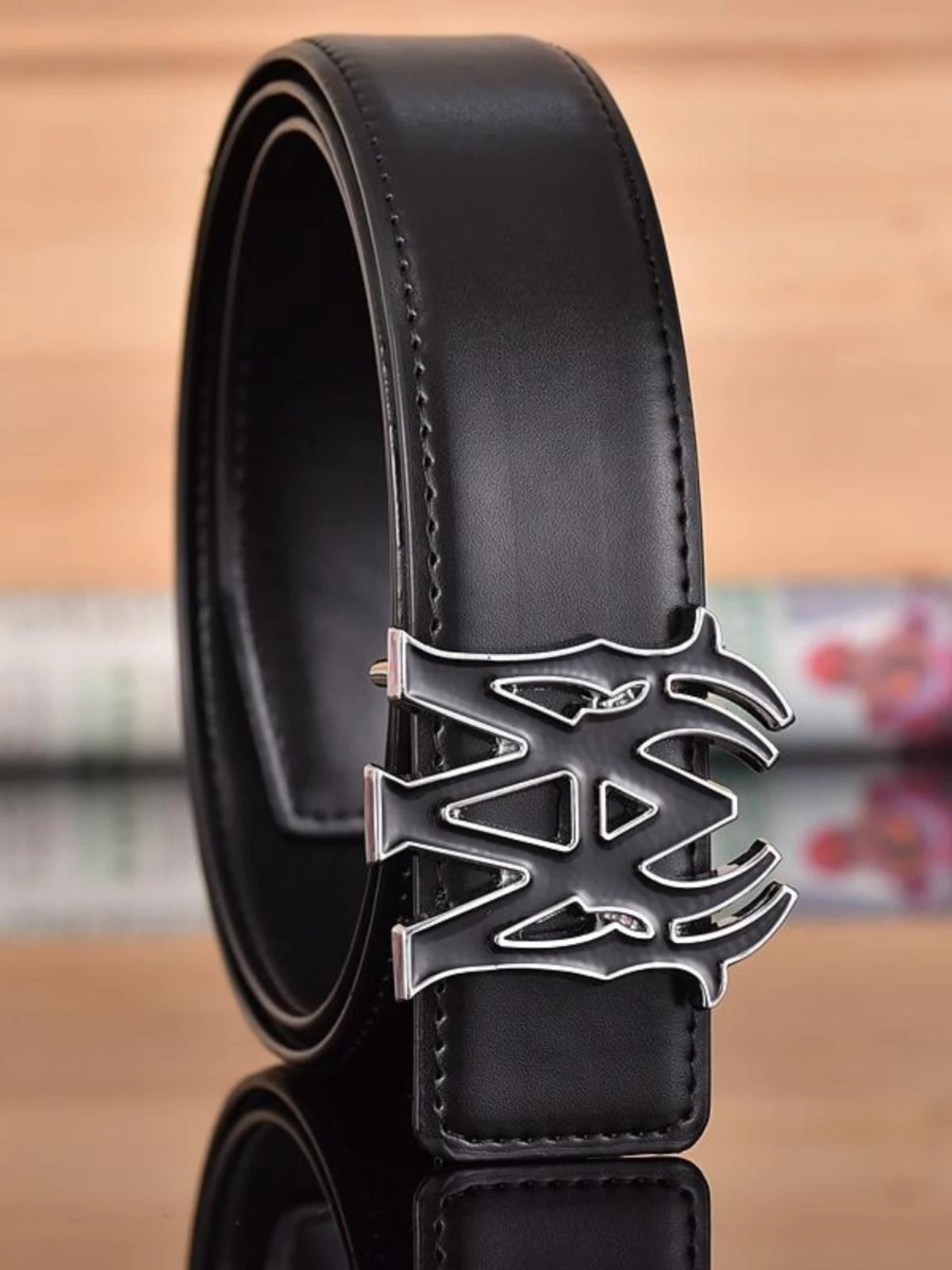 Black Leather Belt with Gothic M Logo Buckle in Silver Black Gold White