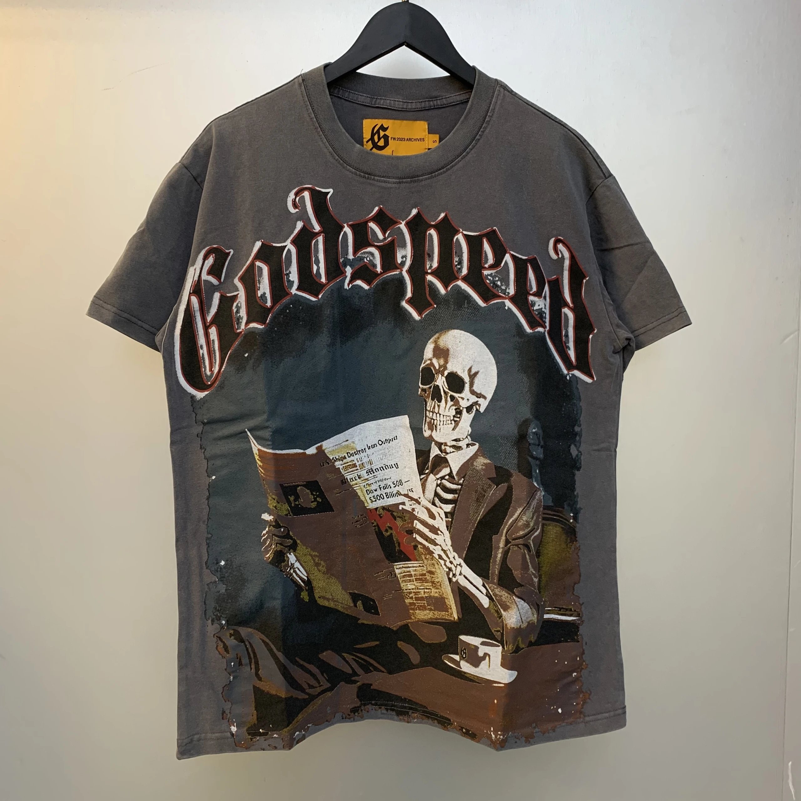 Godspeed Graphic Print Black Beige Grey Skull Shark T-Shirt