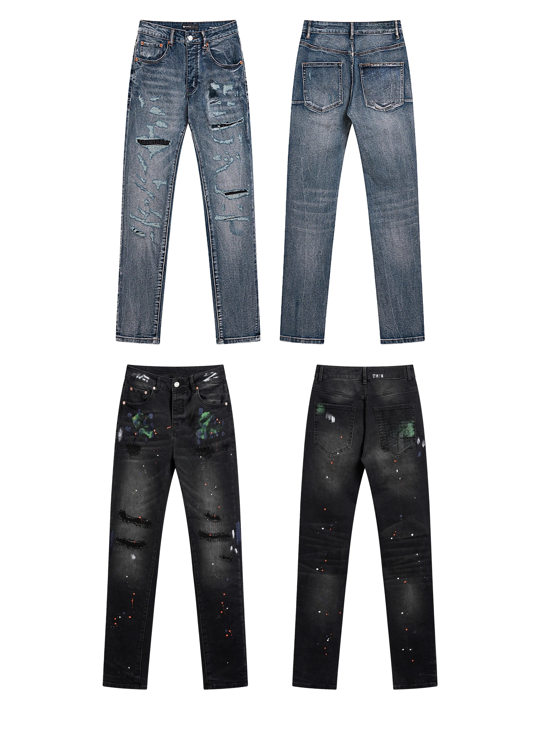 Pur*ple jeans ink-splashed American street style ripped elastic slim-fit flared skinny trousers