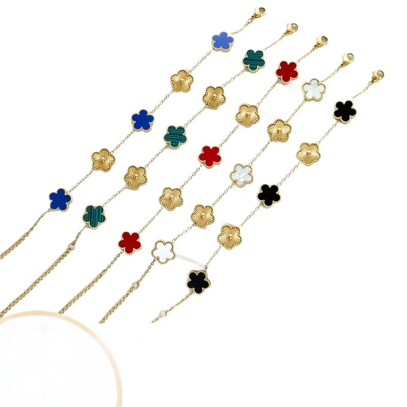 Gold Tone Clover Charm Chain Bracelet Blue Green Red White Black Enamel Floral