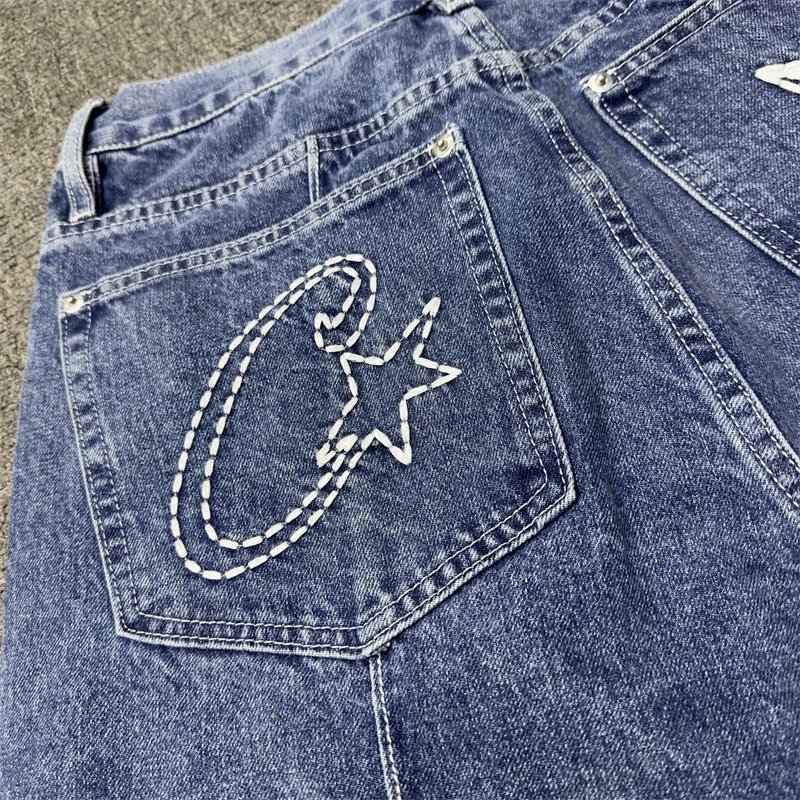 Denim Shorts Blue Embroidered Star Moon Baggy
