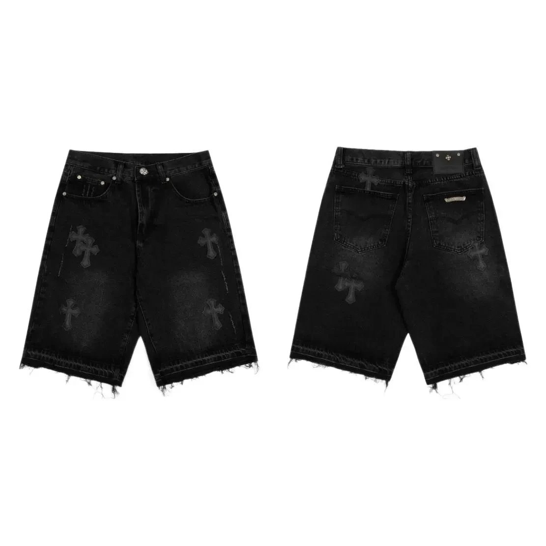 Chrome Hearts Black Denim Shorts With White Cross Embroidery