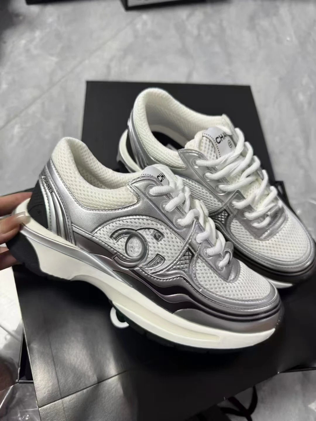 Chanel Chunky Sneakers Black Metallic Silver Sporty