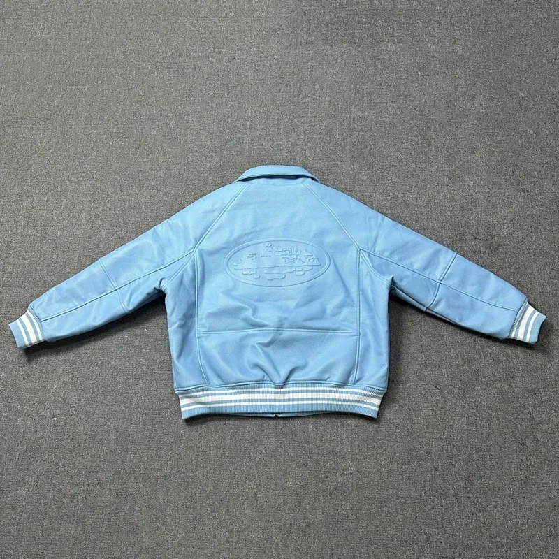 Light Blue Leather Bomber Jacket