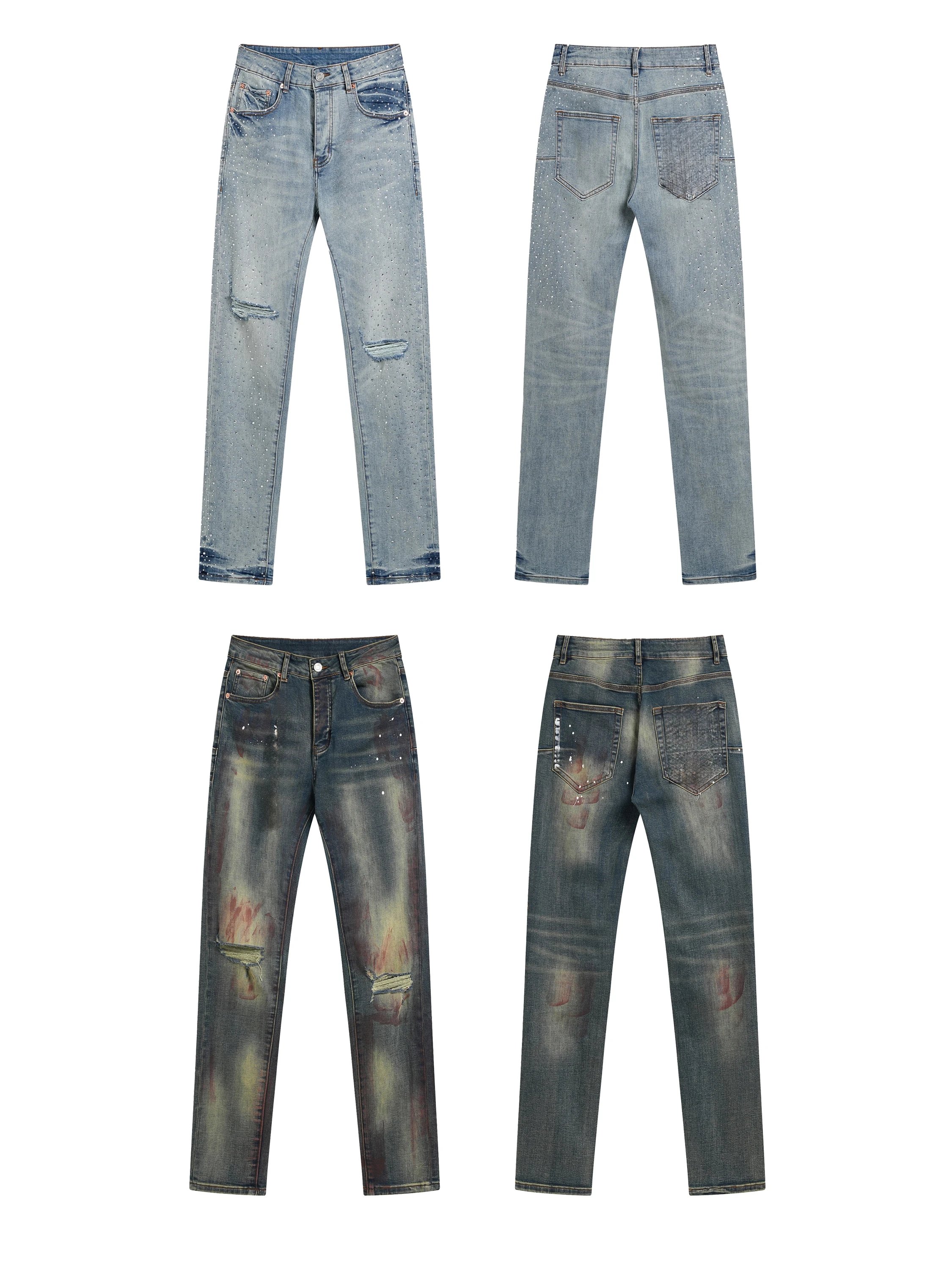 Distressed Paint Splatter Denim Jeans Blue And Black Streetwear