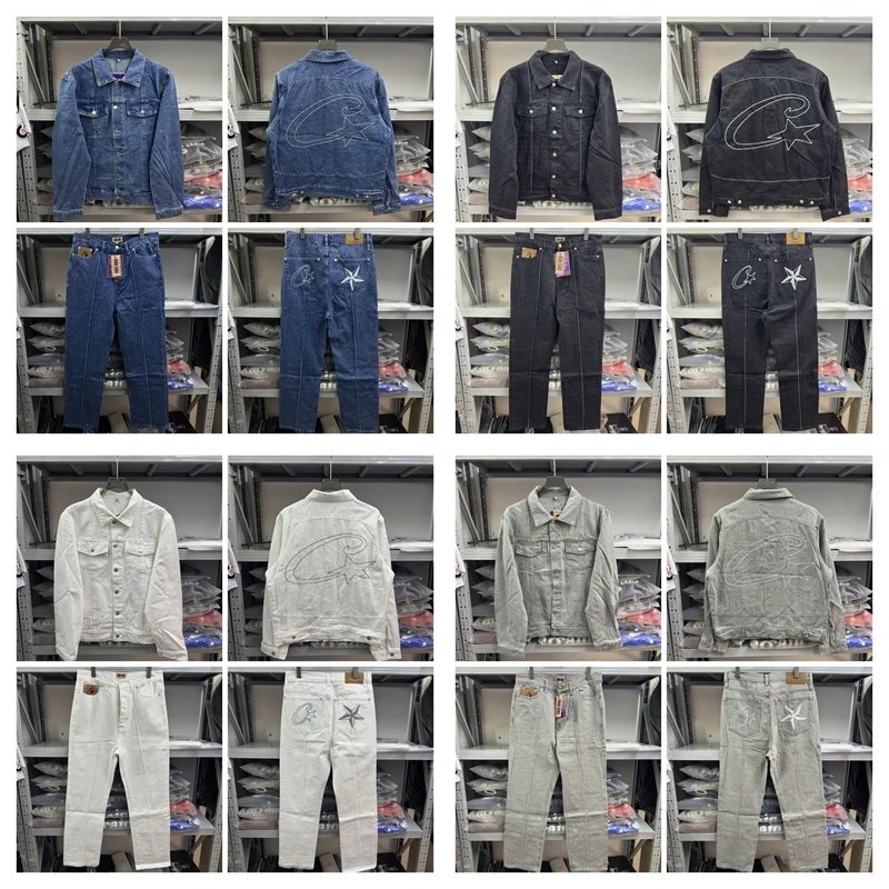 Denim Jacket and Jeans Set Light Gray Embroidered Star Western Style