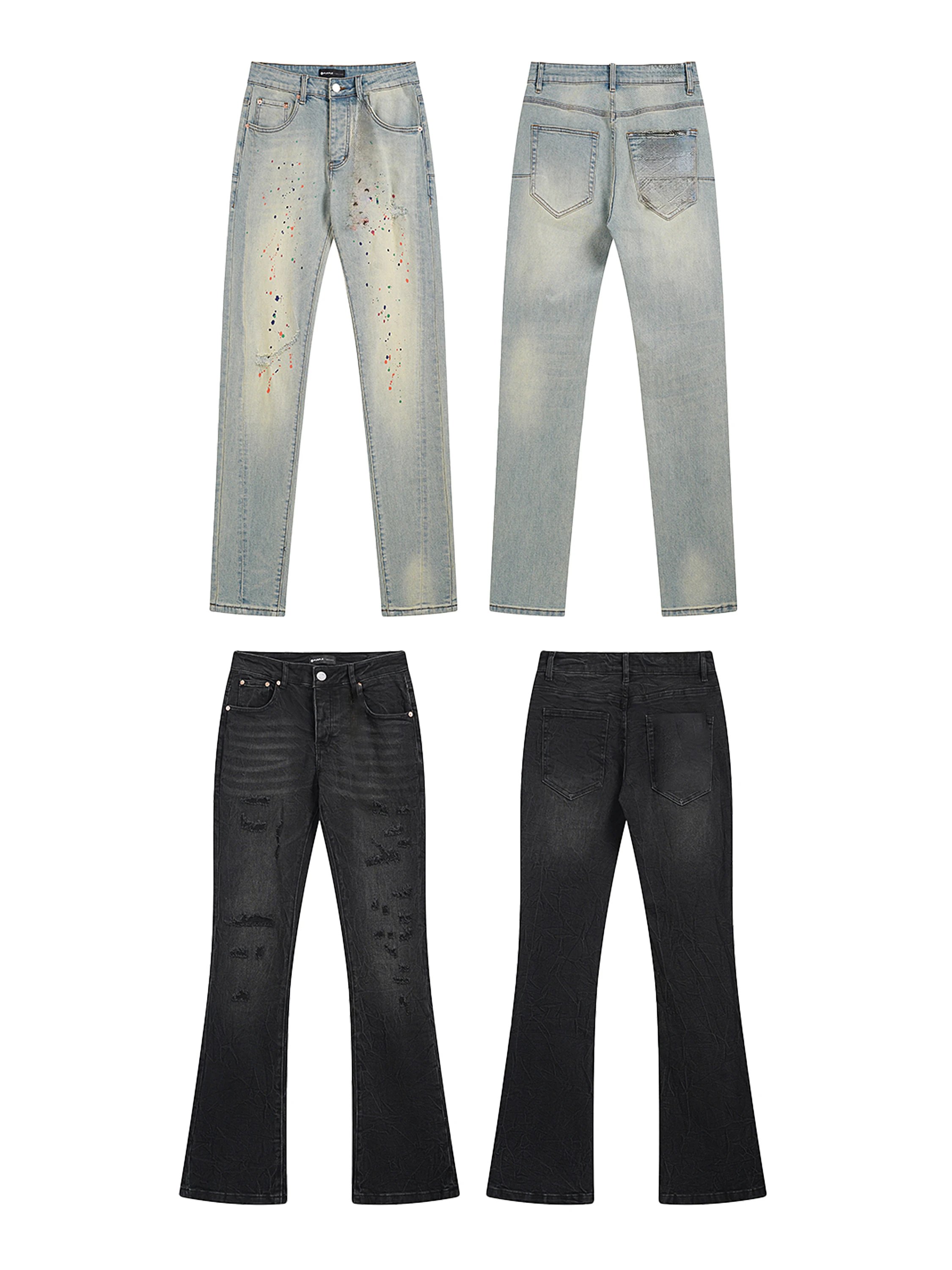 Distressed Paint Splatter Denim Jeans Blue And Black Streetwear