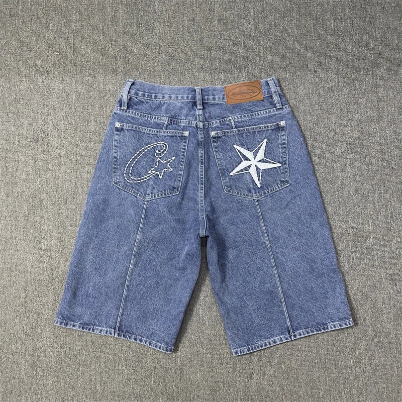 Denim Shorts Blue Embroidered Star Moon Baggy