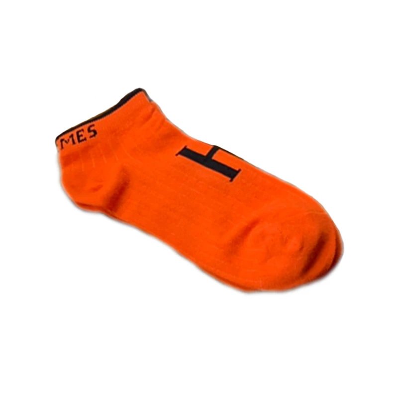Hermès Logo Ankle Socks Orange Black White Gray Ribbed Casual