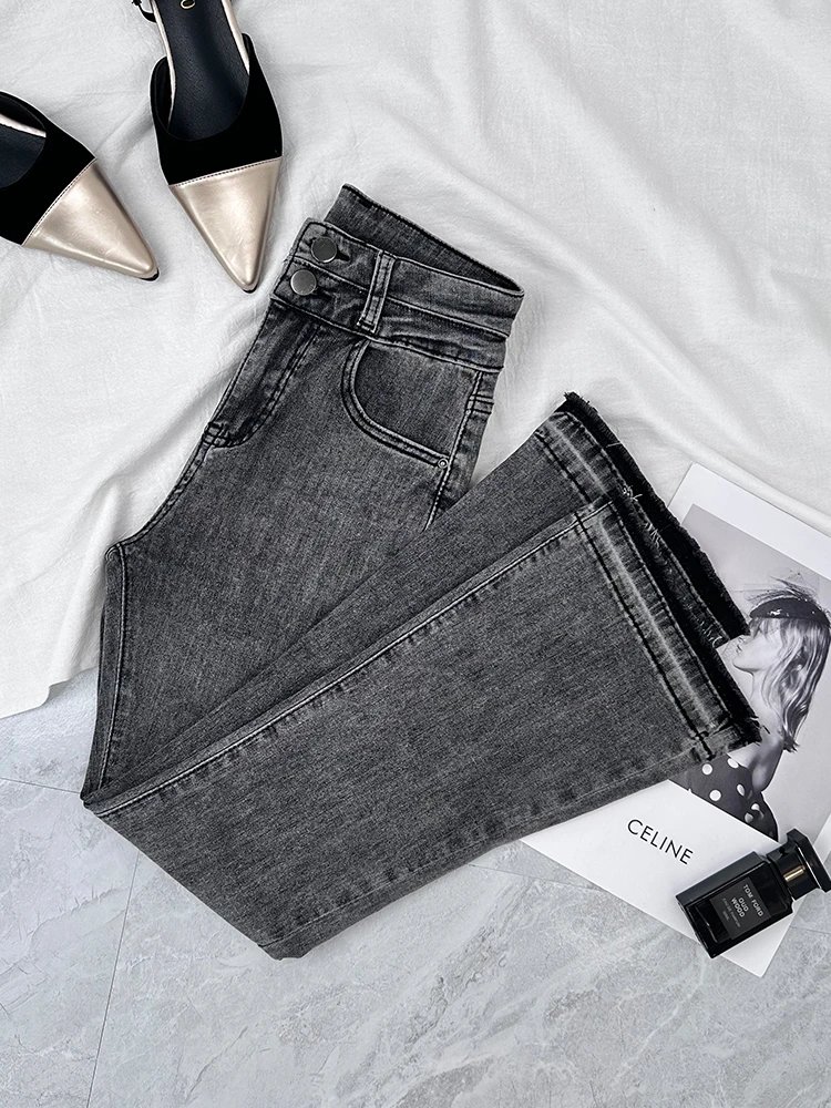 High Waist Gray Flared Denim Jeans