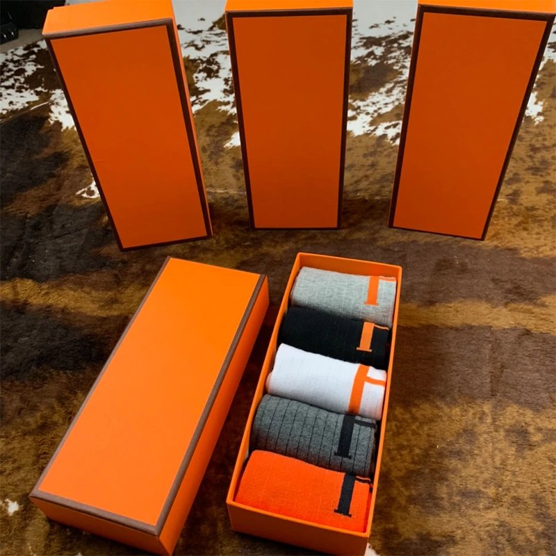 Hermès Logo Ankle Socks Orange Black White Gray Ribbed Casual