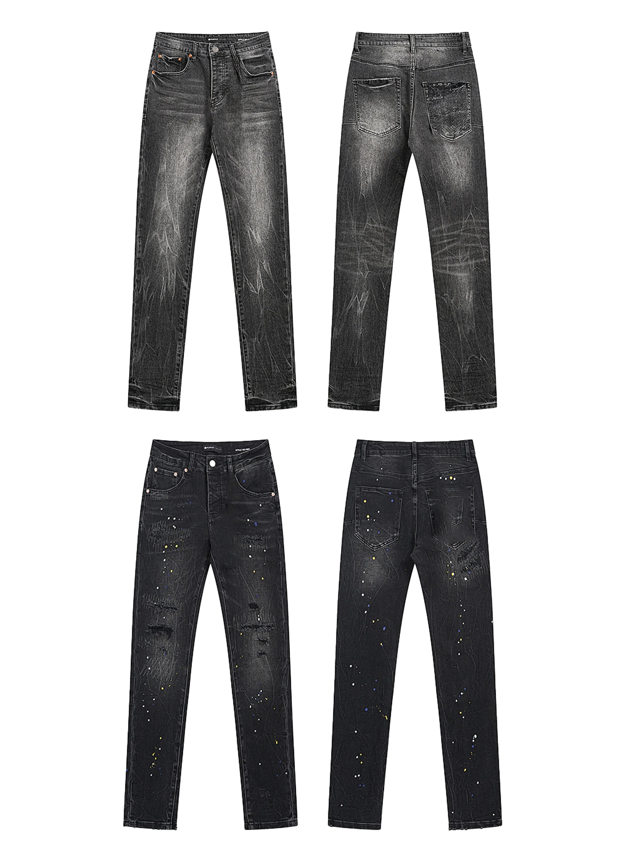 Distressed Paint Splatter Denim Jeans Blue And Black Streetwear