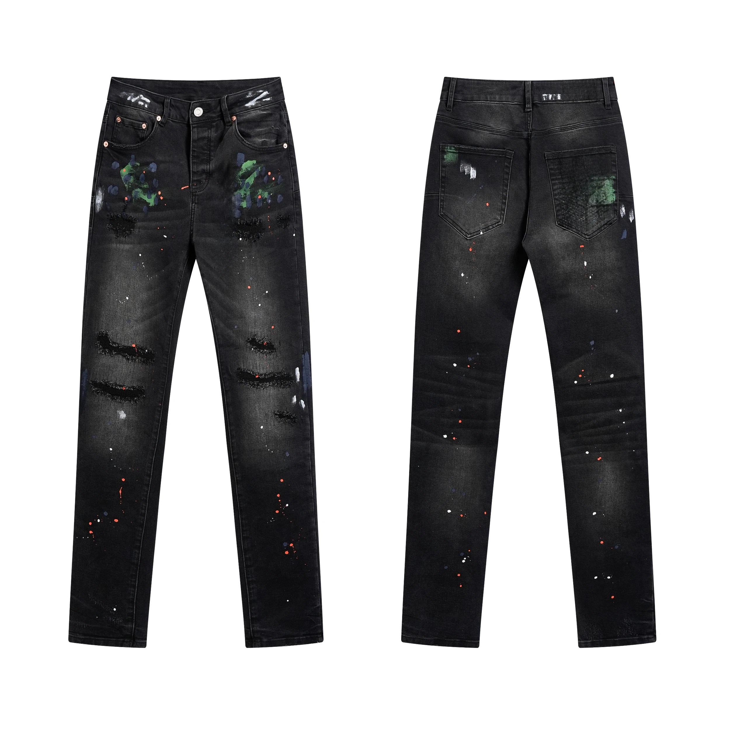 Purple Jeans Ink-Splashed American Street Style Ripped Elastic Slim-Fit Flared Skinny Trousers photo 4