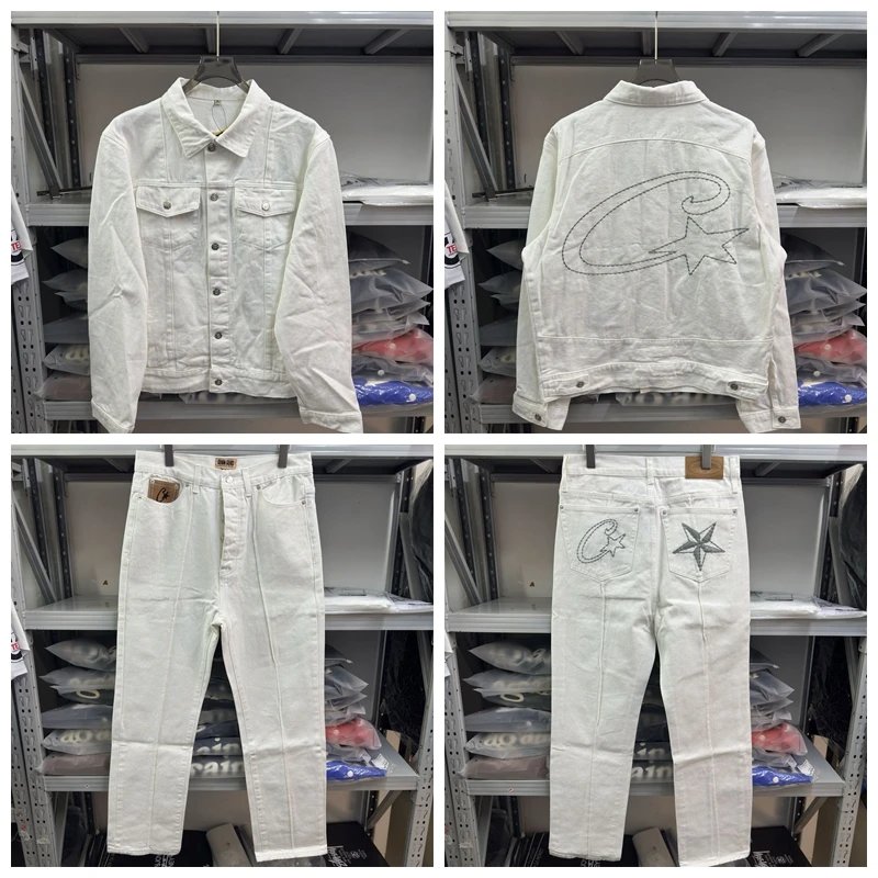 Denim Jacket and Jeans Set Light Gray Embroidered Star Western Style