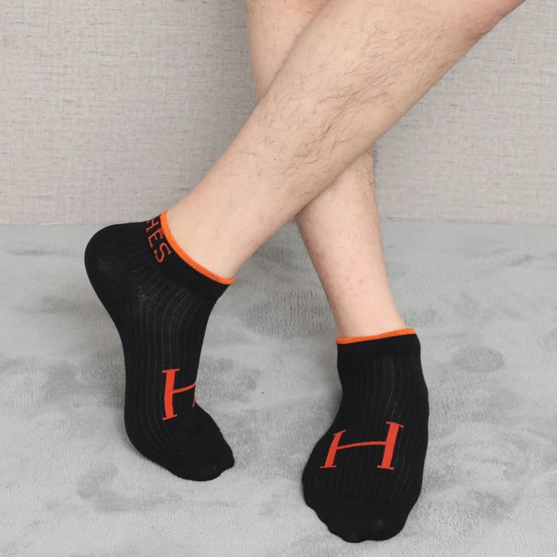 Hermès Logo Ankle Socks Orange Black White Gray Ribbed Casual