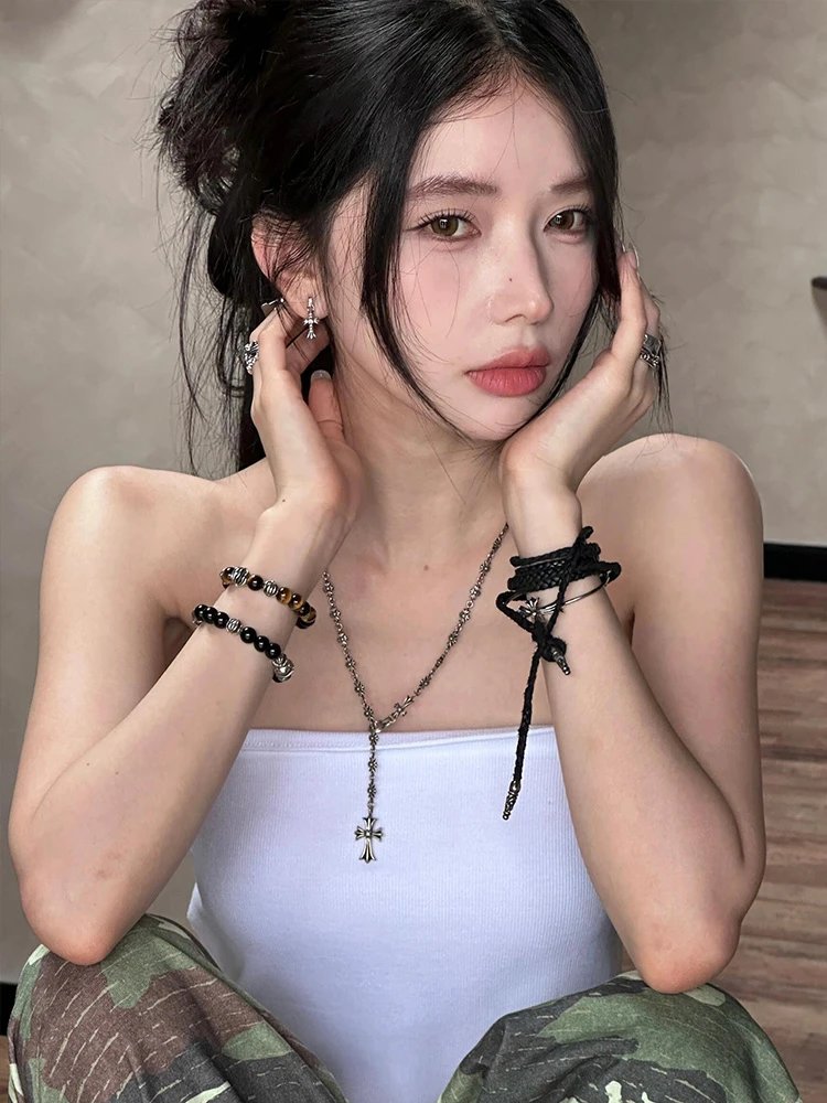 Silver Flower Link Chain Cross Pendant Necklace