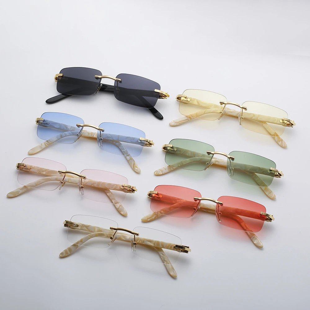 Rimless Rectangular Sunglasses Gold Frame Acetate Temples Multi Color Fashion