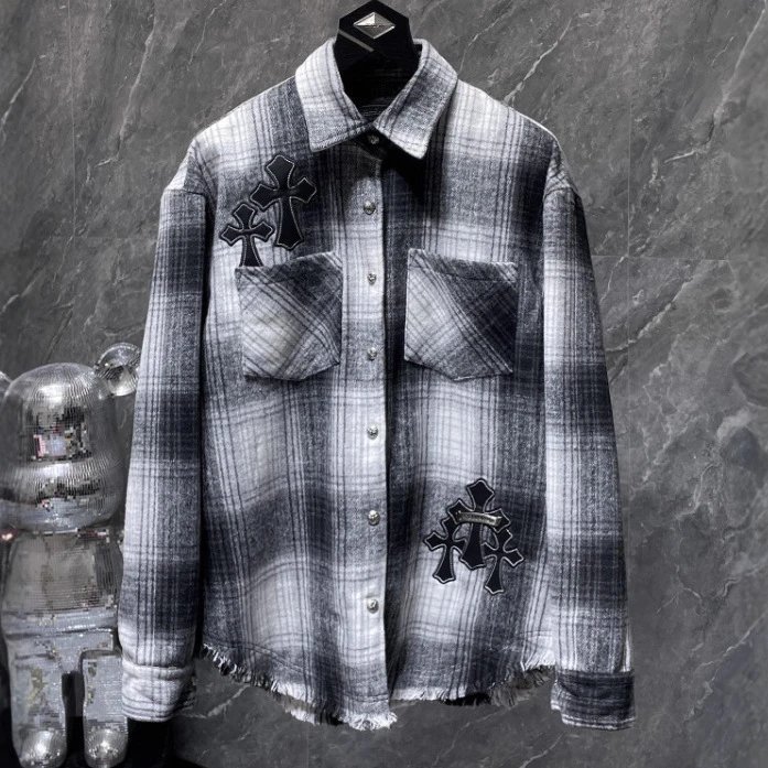 Chrome Hearts Plaid Shirt Black White Distressed Casual